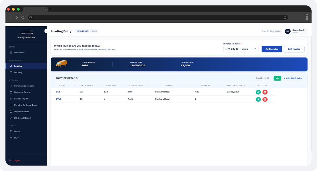 Ambaji Transport Admin Portal screen 3