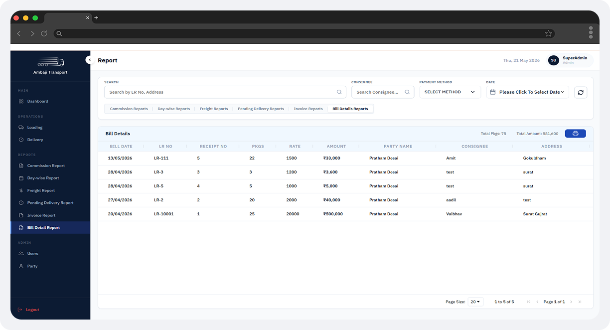 Ambaji Transport Admin Portal screen 10