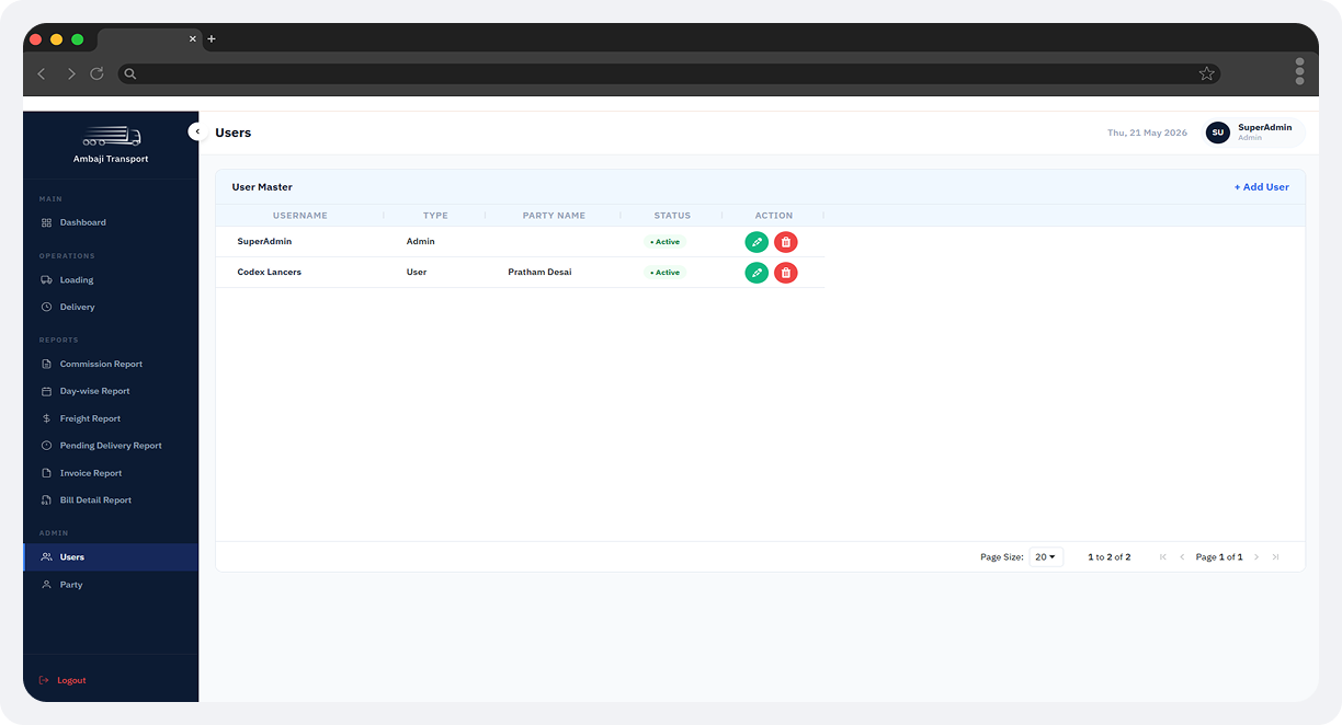 Ambaji Transport Admin Portal screen 11