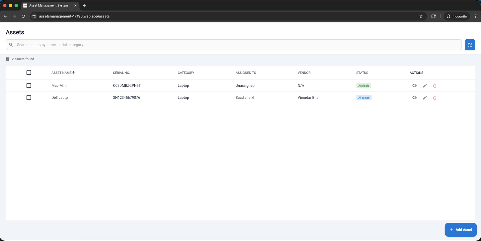 AMS Codex — Asset Management System screen 3