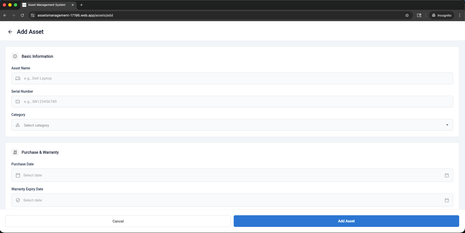 AMS Codex — Asset Management System screen 6
