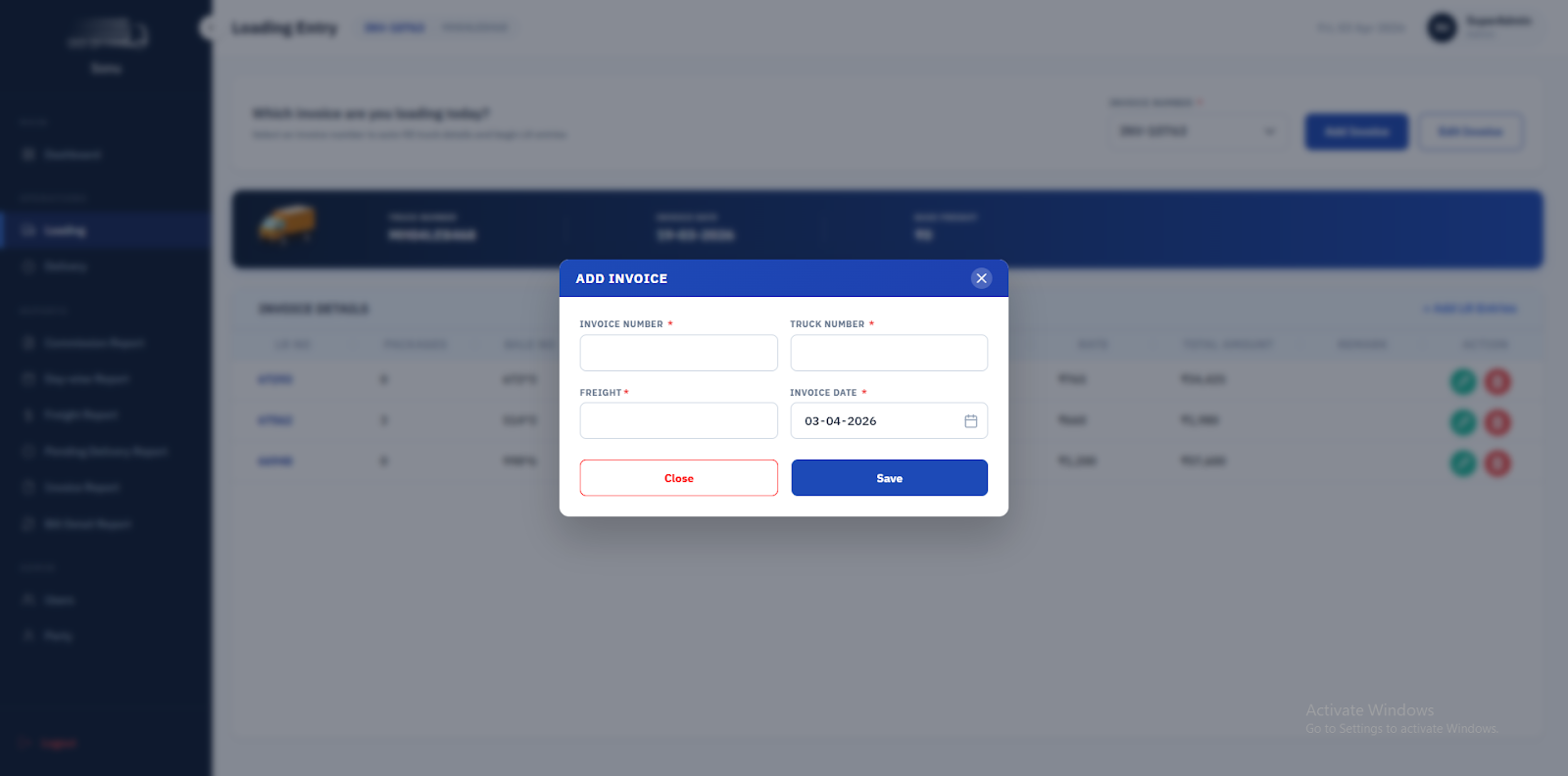 Sonu Roadlines Admin Portal screen 3