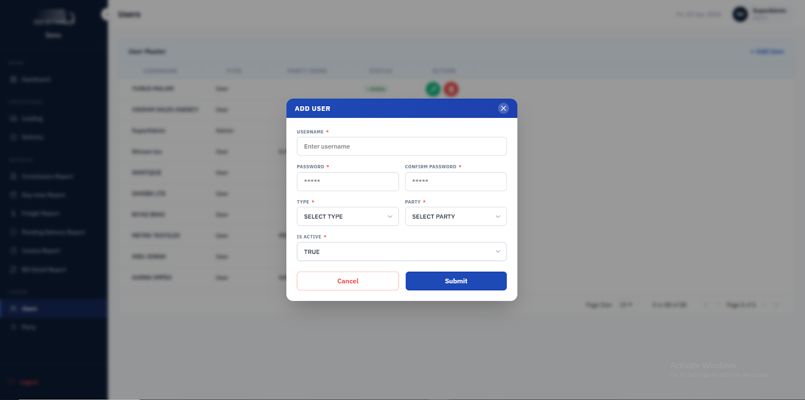 Sonu Roadlines Admin Portal screen 14
