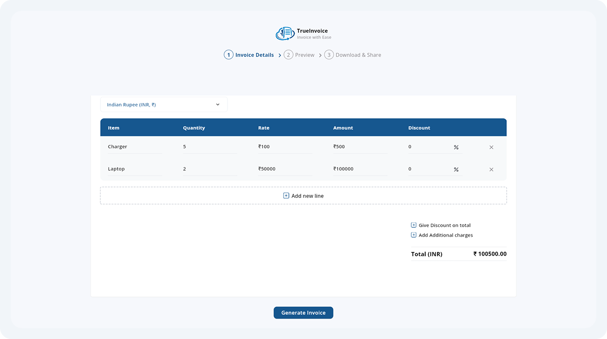 True Invoice screen 1