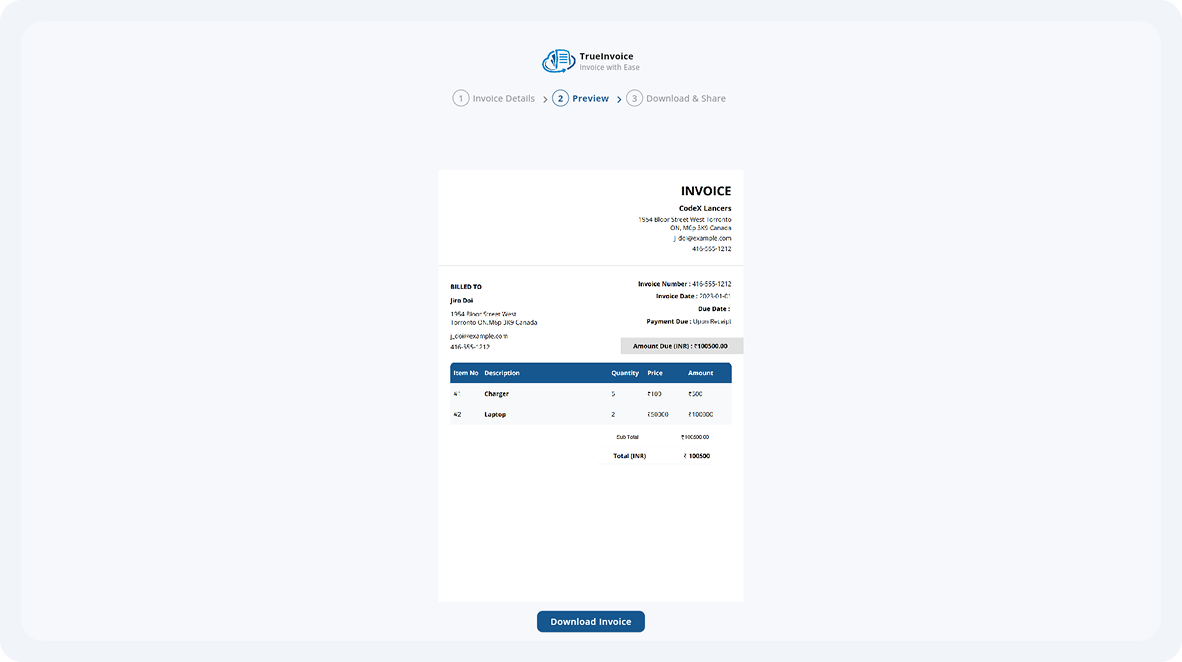 True Invoice screen 2